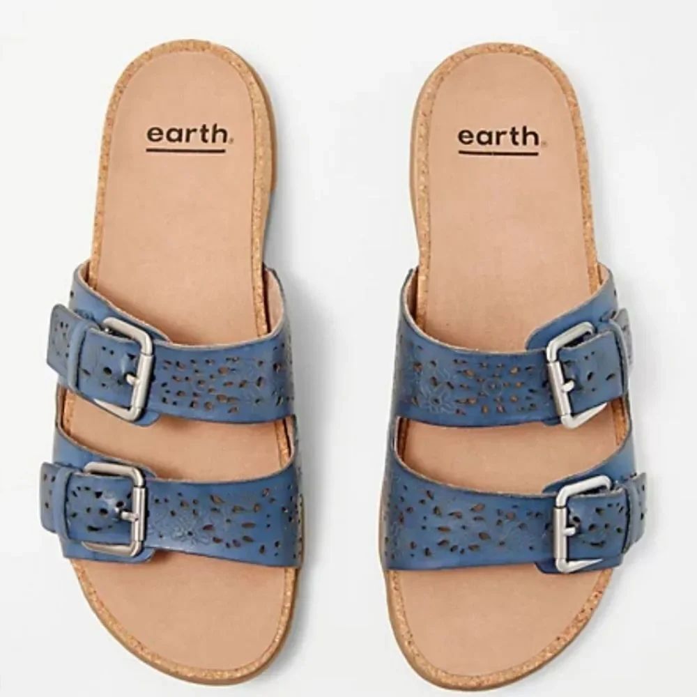 EARTH PERFORATED LEATHER SLIDE SANDALS SAND ANTIGUA WARM
